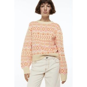H&M Divided Pink Orange Jacquard Knit Pullover Sweater Womens Size Small